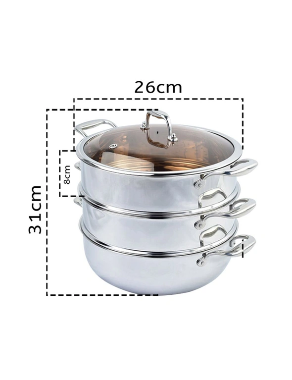 SOGA 3 Tier 26cm Heavy Duty Stainless Steel Food Steamer Vegetable Pot Stackable Pan Insert with Glass Lid, hi-res image number null
