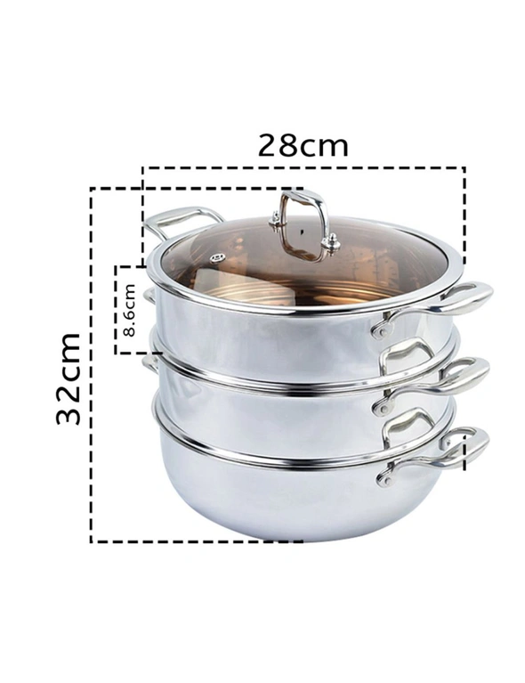 SOGA 3 Tier 28cm Heavy Duty Stainless Steel Food Steamer Vegetable Pot  Stackable Pan Insert with Glass Lid