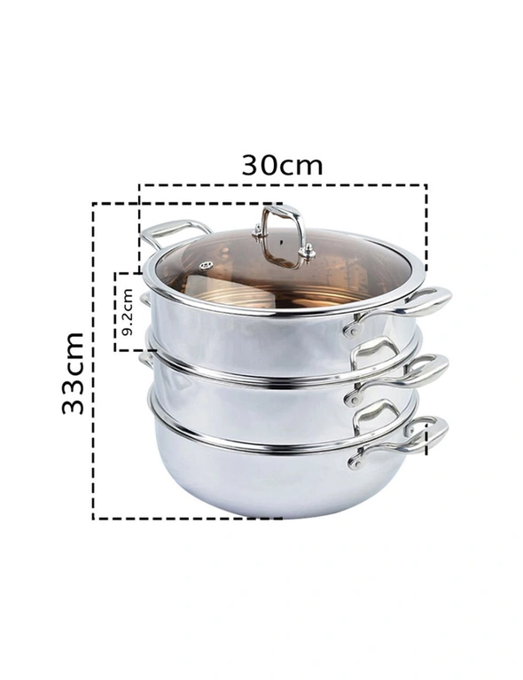 SOGA 3 Tier 30cm Heavy Duty Stainless Steel Food Steamer Vegetable Pot Stackable Pan Insert with Glass Lid, hi-res image number null