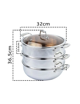 SOGA 2X 3 Tier 32cm Heavy Duty Stainless Steel Food Steamer Vegetable Pot Stackable Pan Insert with Glass Lid