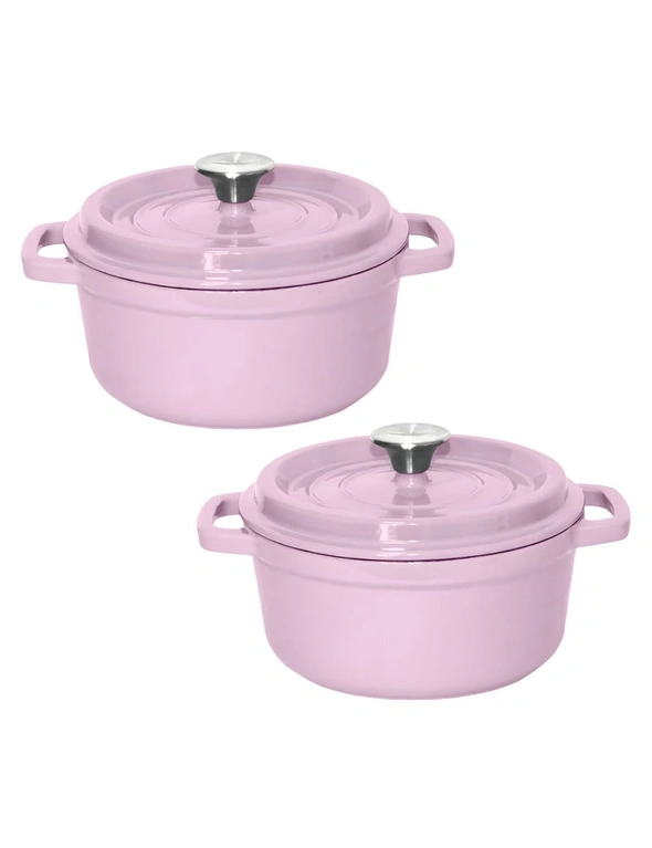SOGA 2X 22cm Pink Cast Iron Ceramic Stewpot Casserole Stew Cooking Pot With Lid, hi-res image number null