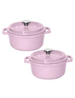 SOGA 2X 24cm Pink Cast Iron Ceramic Stewpot Casserole Stew Cooking Pot With Lid
