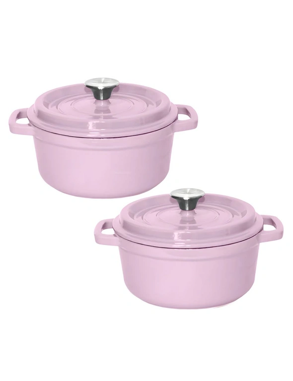 SOGA 2X 24cm Pink Cast Iron Ceramic Stewpot Casserole Stew Cooking Pot With Lid, hi-res image number null