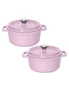 SOGA 2X 24cm Pink Cast Iron Ceramic Stewpot Casserole Stew Cooking Pot With Lid, hi-res