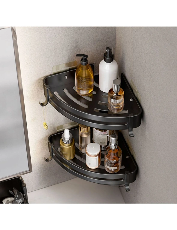 SOGA Black Wall-Mounted Triangular Bathroom Storage Corner Vanity Organiser Space Saving Adhesive Shelf Rack with Hooks, hi-res image number null