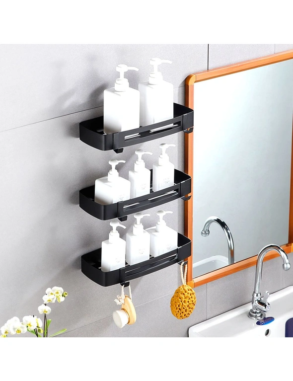 SOGA Black Wall-Mounted Rectangular Bathroom Storage Organiser Space Saving Adhesive Shelf Rack with Hooks, hi-res image number null