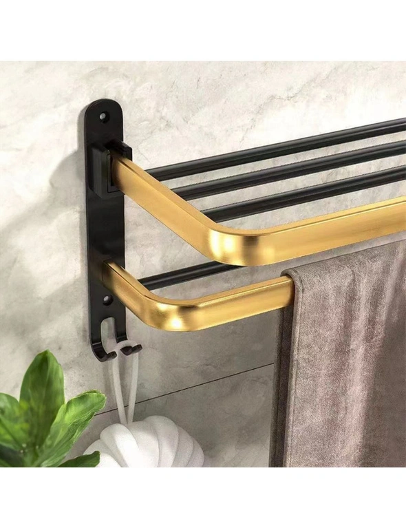 SOGA 62cm Wall-Mounted Double Pole Towel Holder Bathroom Organiser Rail Hanger with Hooks, hi-res image number null