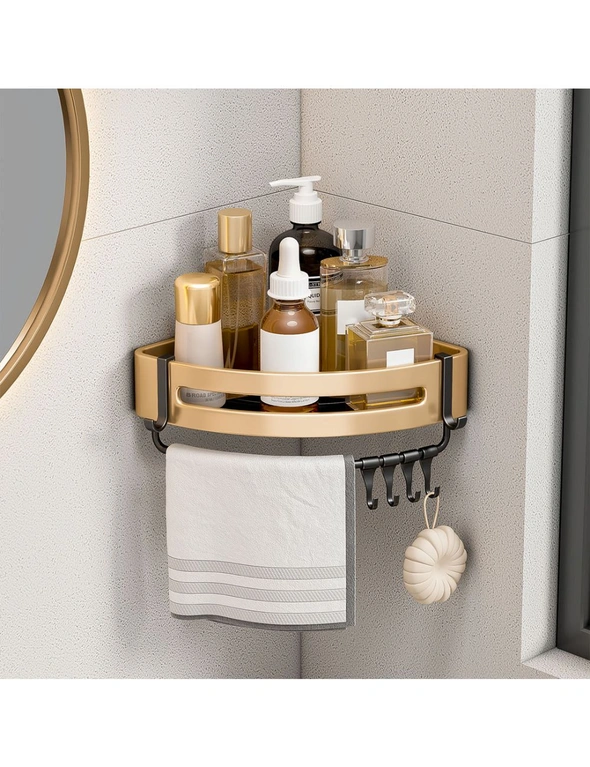 SOGA Gold Wall-Mounted Triangular Bathroom Storage Corner Vanity Organiser Space Saving Adhesive Shelf Rack with Hooks, hi-res image number null