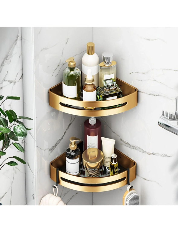 SOGA Gold Wall-Mounted Triangular Bathroom Storage Corner Vanity Organiser Space Saving Adhesive Shelf Rack with Hooks, hi-res image number null