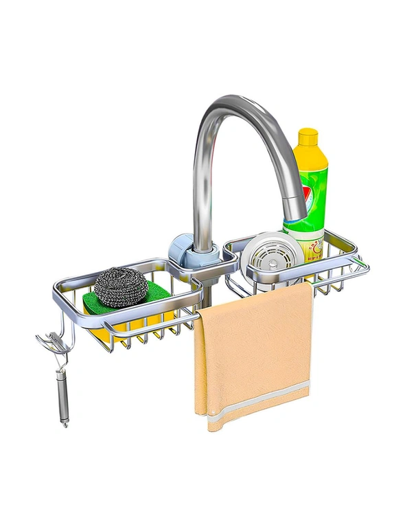 SOGA Silver Kitchen Sink Organiser Faucet Soap Sponge Caddy Rack Drainer with Towel Bar Holder, hi-res image number null