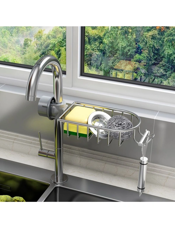 SOGA Silver Single Kitchen Sink Organiser Faucet Soap Sponge Caddy Rack Storage Drainer, hi-res image number null