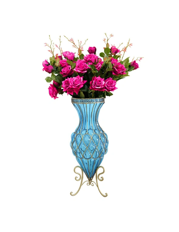 SOGA 67cm Blue Glass Tall Floor Vase and 12pcs Dark Pink Artificial Fake Flower Set, hi-res image number null