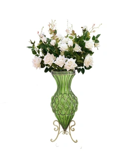 SOGA 67cm Green Glass Tall Floor Vase and 12pcs White Artificial Fake Flower Set