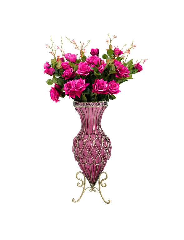 SOGA 67cm Purple Glass Tall Floor Vase and 12pcs Dark Pink Artificial Fake Flower Set, hi-res image number null
