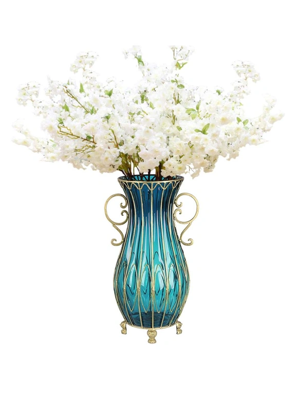 SOGA 51cm Blue Glass Vase and 10pc White Artificial Flowers, hi-res image number null