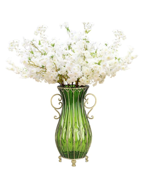 SOGA 51cm Green Glass Vase and 10pc White Artificial Flowers, hi-res image number null