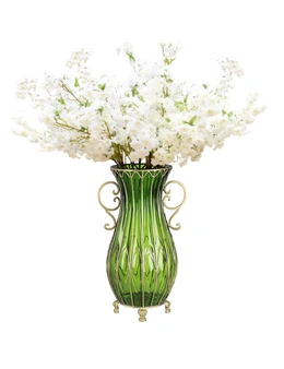 SOGA 51cm Green Glass Vase and 10pc White Artificial Flowers