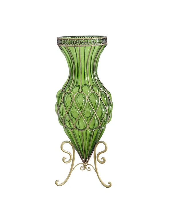 SOGA 67cm Green Glass Tall Floor Vase with Metal Flower Stand, hi-res image number null