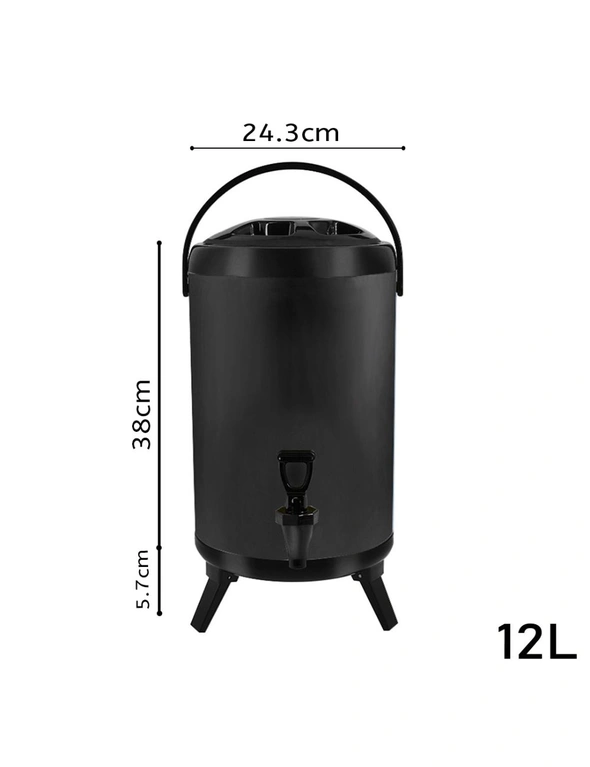 SOGA 8X 12L Stainless Steel Insulated Milk Tea Barrel Hot and Cold Beverage Dispenser Container with Faucet Black, hi-res image number null