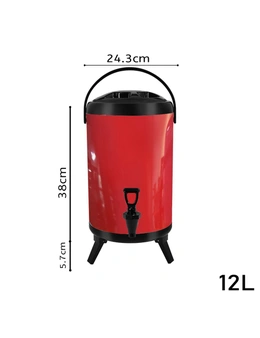 SOGA 8X 12L Stainless Steel Insulated Milk Tea Barrel Hot and Cold Beverage Dispenser Container with Faucet Red
