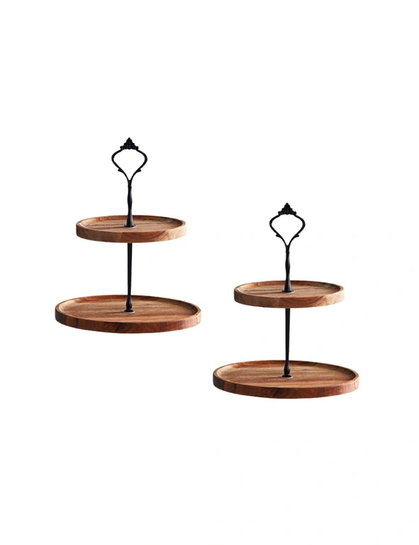 SOGA 20cm 2 Tier Brown  Round Wooden Acacia  Dessert Tray Cake Snacks Cupcake Stand Buffet Serving Countertop Decor2 Tier, hi-res image number null