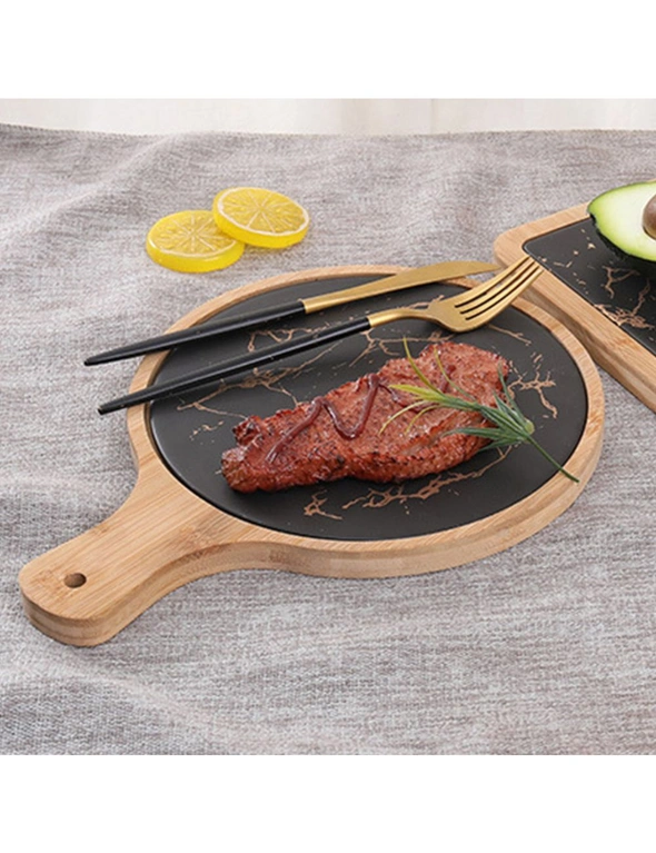 SOGA 30cm Black Circle Wooden Serving Tray Slate Steak Serving Platter Chopping Board Paddle Home Decor, hi-res image number null