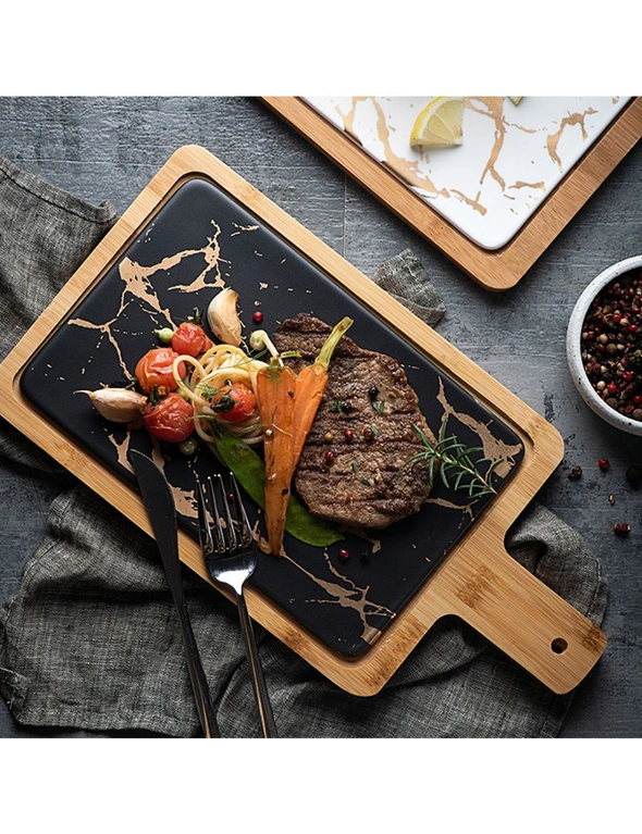 SOGA 2X 33.5cm Black Square Wooden Serving Tray Slate Steak Serving Platter Chopping Board Paddle Home Decor, hi-res image number null