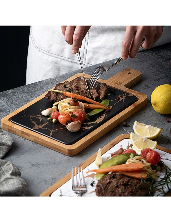 SOGA 2X 33.5cm Black Square Wooden Serving Tray Slate Steak Serving Platter Chopping Board Paddle Home Decor, hi-res image number null