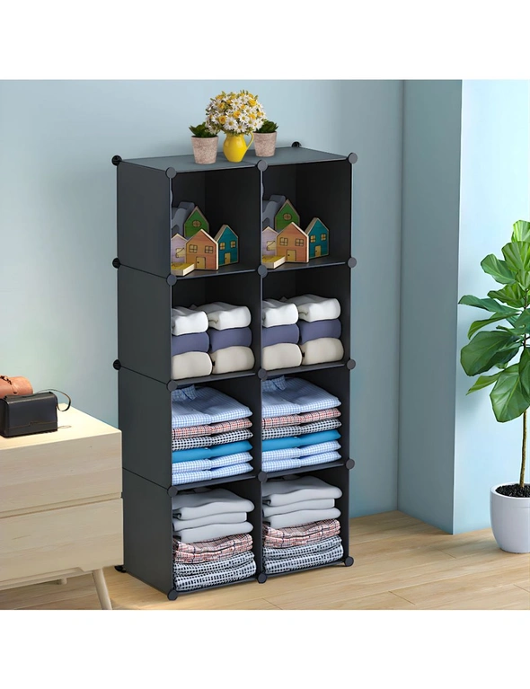 SOGA 4 Tier 8-Cube Black Portable Wardrobe Divide-Grid Modular Storage Organiser Foldable Closet, hi-res image number null