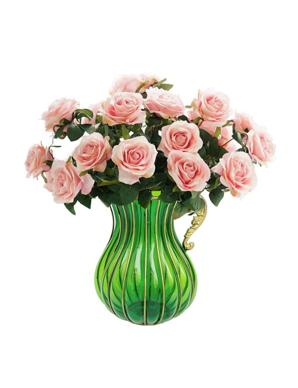 SOGA Green Colored Glass Flower Vase with 4 Bunch 9 Heads Artificial Fake Silk Rose Home Decor Set, hi-res image number null