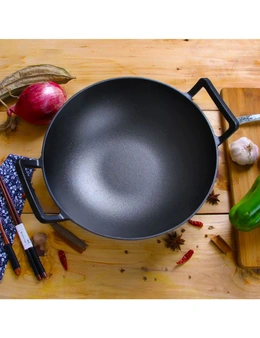 SOGA 32cm Commercial Cast Iron Wok FryPan with Dble Handle