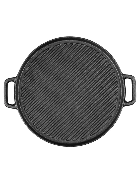 SOGA 30cm Round Cast Iron Ribbed BBQ Pan Skillet Steak Sizzle Platter with Handle, hi-res image number null