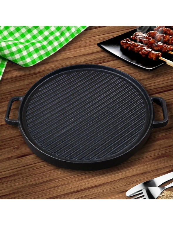 SOGA 30cm Round Cast Iron Ribbed BBQ Pan Skillet Steak Sizzle Platter with Handle, hi-res image number null