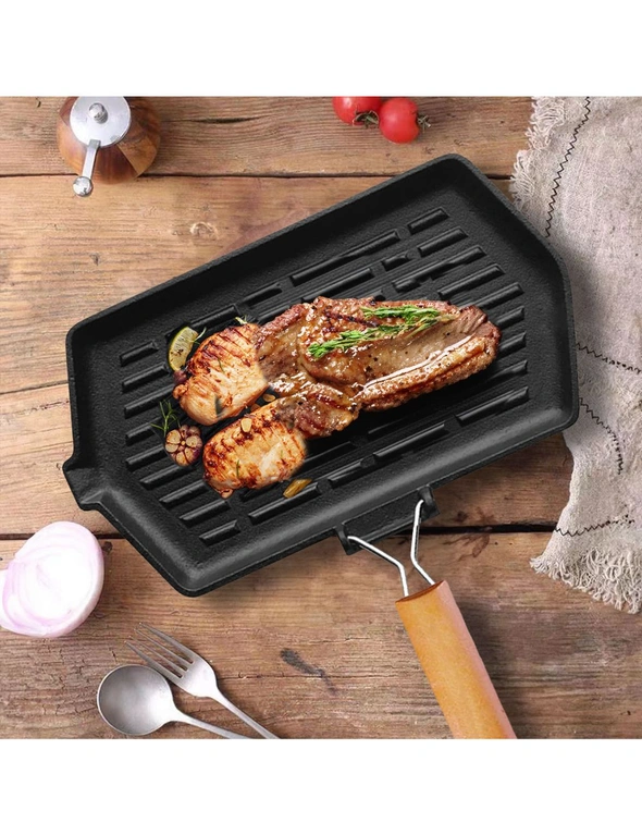 SOGA Rectangular Cast Iron Griddle Grill Frying Pan with Folding Wooden Handle, hi-res image number null