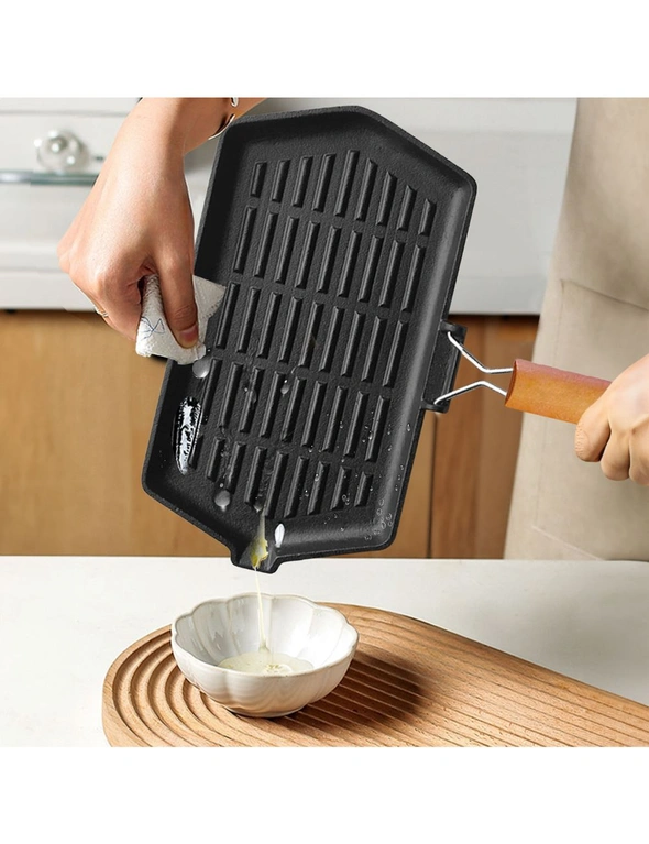 SOGA Rectangular Cast Iron Griddle Grill Frying Pan with Folding Wooden Handle, hi-res image number null