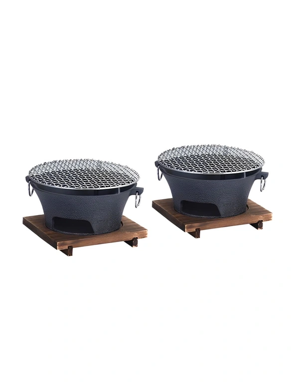 SOGA 2X Medium Cast Iron Round Stove Charcoal Table Net Grill Japanese Style BBQ Picnic Camping with Wooden Board, hi-res image number null