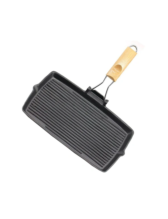 SOGA 20.5cm Rectangular Cast Iron Griddle Grill Frying Pan with Folding Wooden Handle, hi-res image number null