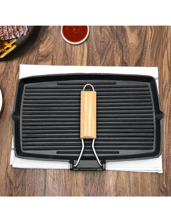 SOGA 2X 20.5cm Rectangular Cast Iron Griddle Grill Frying Pan with Folding Wooden Handle, hi-res image number null