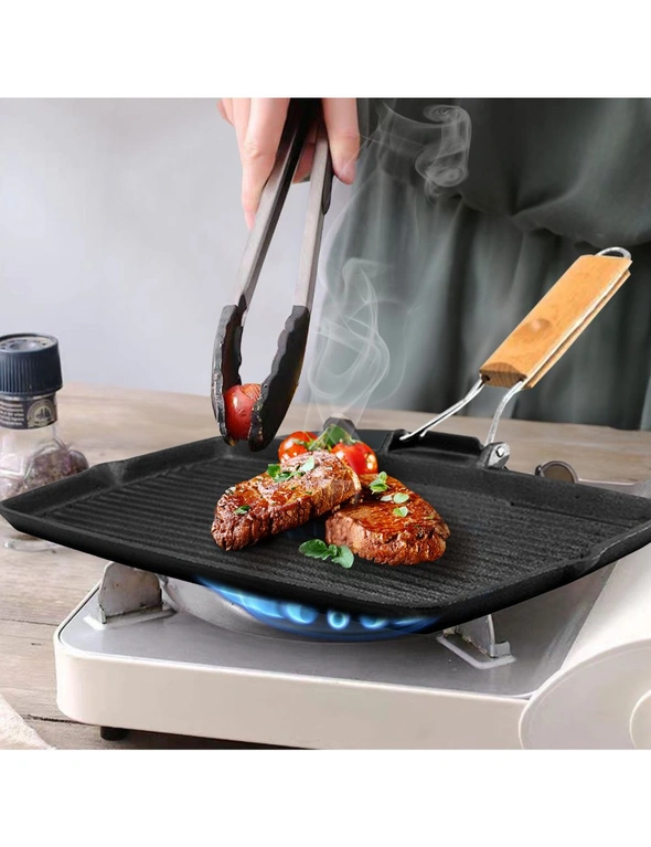 SOGA 2X 20.5cm Rectangular Cast Iron Griddle Grill Frying Pan with Folding Wooden Handle, hi-res image number null
