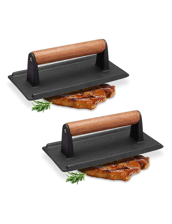 SOGA Cast Iron Press Grill BBQ with Wood Handle 2pack, hi-res image number null