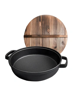 SOGA 29cm Round Cast Iron Deep Pan with Wood Lid