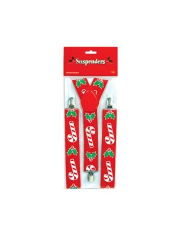 Braces Suspenders Candy Cane & Holly Holiday Costume Cosplay Outfit Trousers Red, hi-res image number null