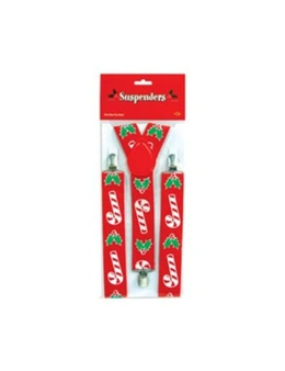 Braces Suspenders Candy Cane & Holly Holiday Costume Cosplay Outfit Trousers Red