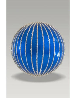 Christmas Bauble - 8cm Blue Stripes, Silver Glitter