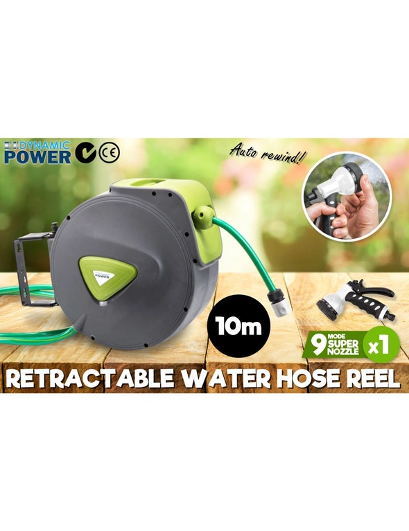 Dynamic Power Garden Water Hose 10M Retractable Rewind Reel Wall Mounted, hi-res image number null