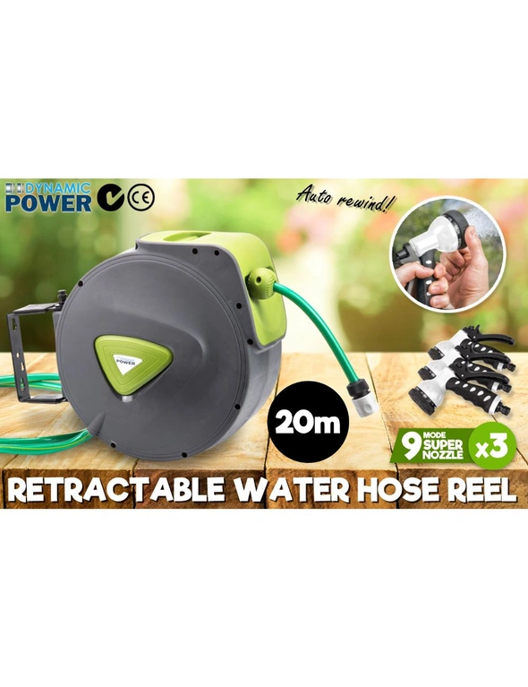 Dynamic Power Garden Water Hose 20M Retractable Rewind Reel Wall Mounted, hi-res image number null