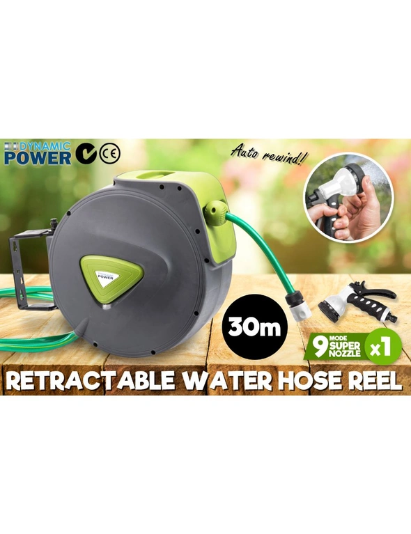 Dynamic Power Garden Water Hose 30M Retractable Rewind Reel Wall Mounted, hi-res image number null