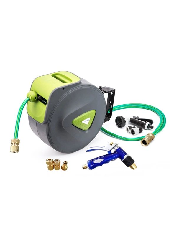Dynamic Power Garden Water Hose 30M Retractable Rewind Reel Wall Mounted + Brass Gun, hi-res image number null
