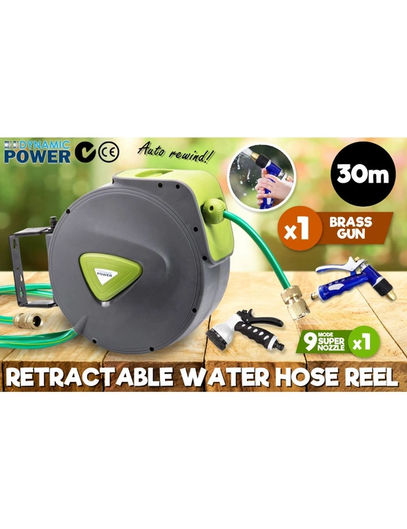 Dynamic Power Garden Water Hose 30M Retractable Rewind Reel Wall Mounted + Brass Gun, hi-res image number null
