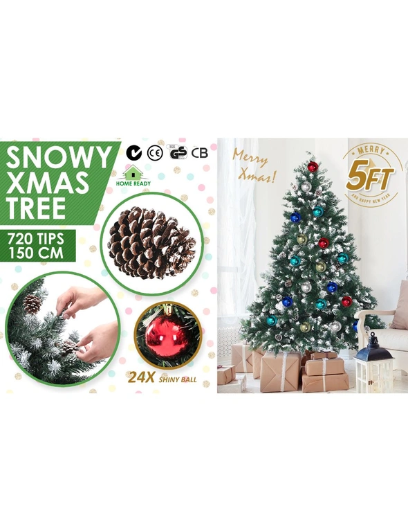 Home Ready Snowy Christmas Tree Xmas Pine Cones 5Ft 150cm 720 tips + Bauble Balls, hi-res image number null